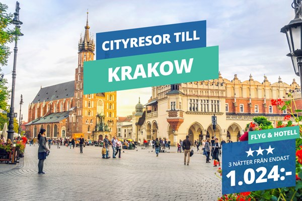 3 nätter i Krakow inklusive flyg och 3★ hotell från 1.024:-