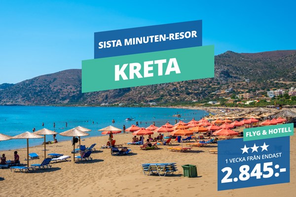 Res på semester med en sista minuten-resa till Kreta från 2.845:-