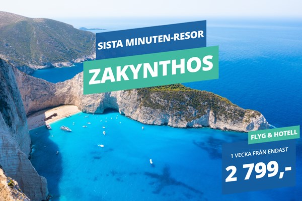 Sista minuten-resor till Zakynthos med flyg tur och retur och hotell från 2 799:-